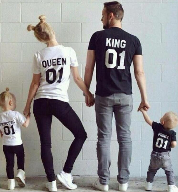New Family King Queen Letter Print Shirt,100% Cotton tshirt Mother and Daughter father Son Clothes Matching Princess Prince 1-6Y