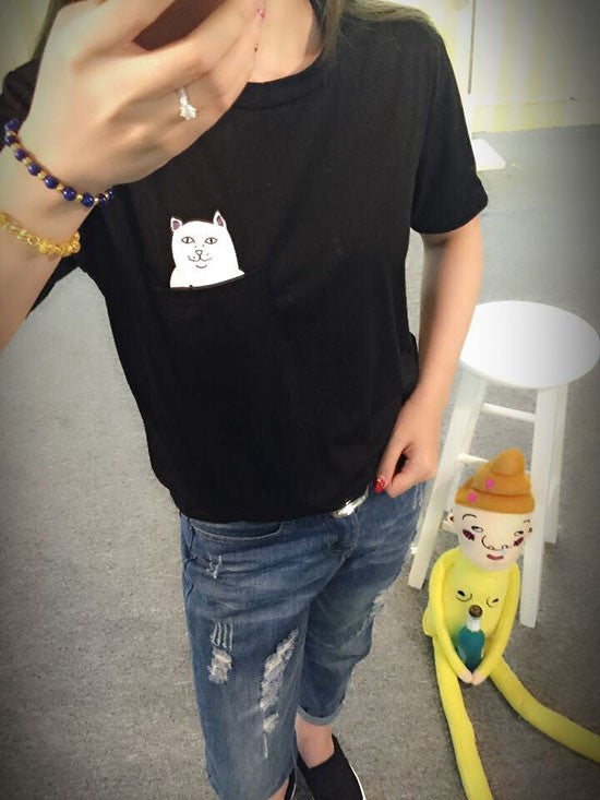 Summer T-shirt Women Casual Lady Top Tees Cotton Tshirt Female Brand Clothing T Shirt Printed Pocket Cat Top  Cute Tee