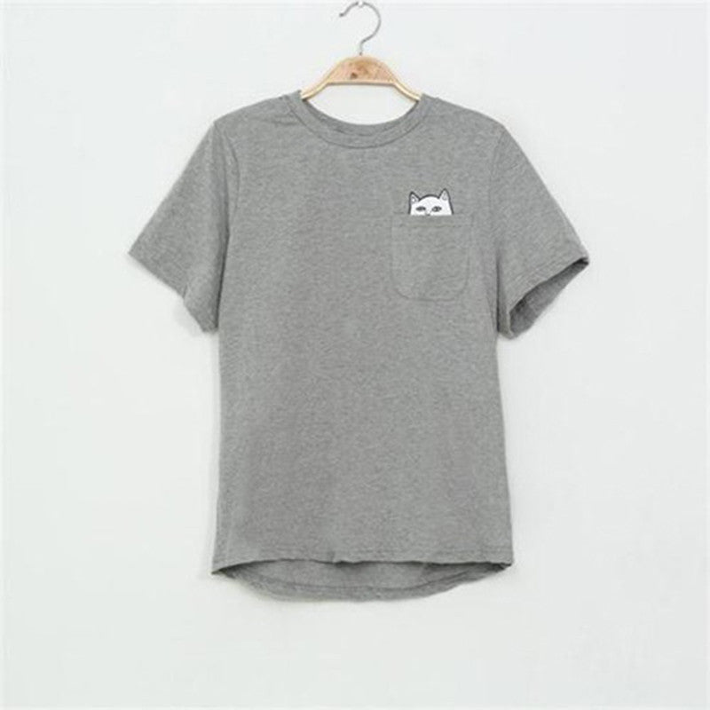 Summer T-shirt Women Casual Lady Top Tees Cotton Tshirt Female Brand Clothing T Shirt Printed Pocket Cat Top  Cute Tee