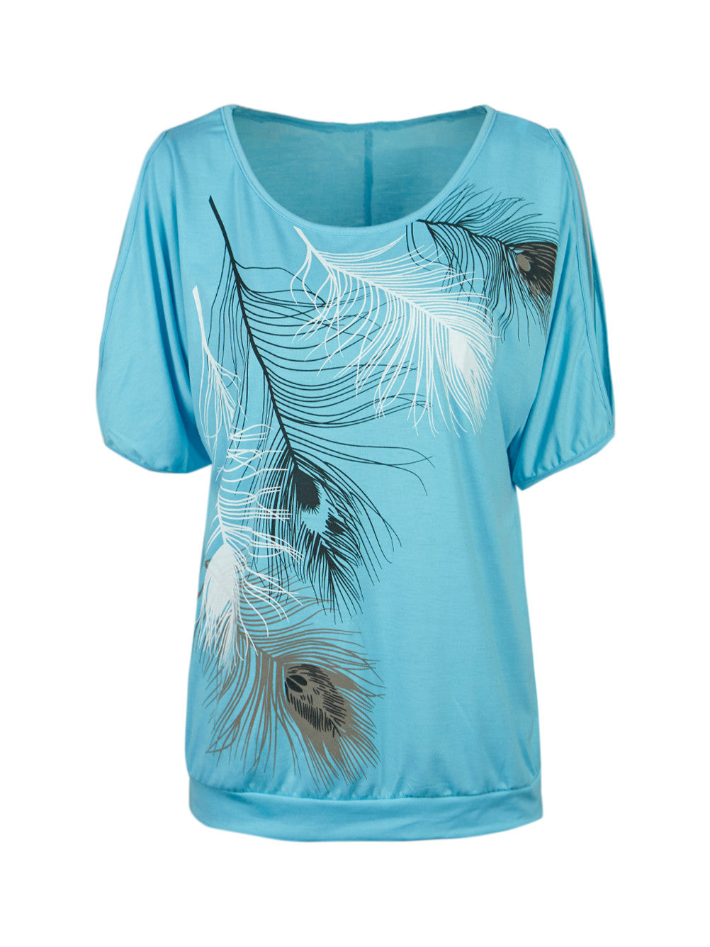 Slit Sleeve Cold Shoulder Feather Print Women Casual Summer T Shirt Girl 2016 Tee Tshirt Loose Top T-Shirt plus size XXL 3XL