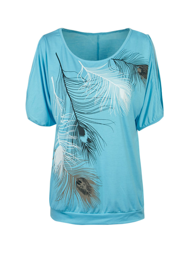 Slit Sleeve Cold Shoulder Feather Print Women Casual Summer T Shirt Girl 2016 Tee Tshirt Loose Top T-Shirt plus size XXL 3XL