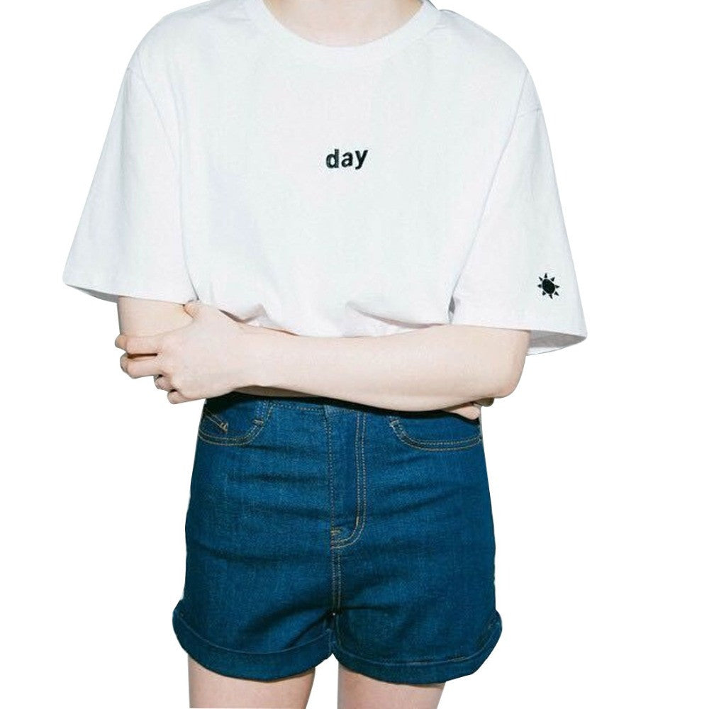 2016 New Summer Fashion Women Tshirt Harajuku style Day and Night Embroidery Female T-shirt short sleeved Sun Moon Tops camiseta