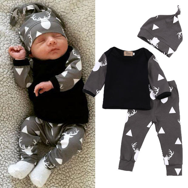 Cute Newborn Baby Girl Boy Clothes Deer Tops T-shirt Long Sleeve + Pants Casual Hat Cap 3pcs Outfits Set Autumn