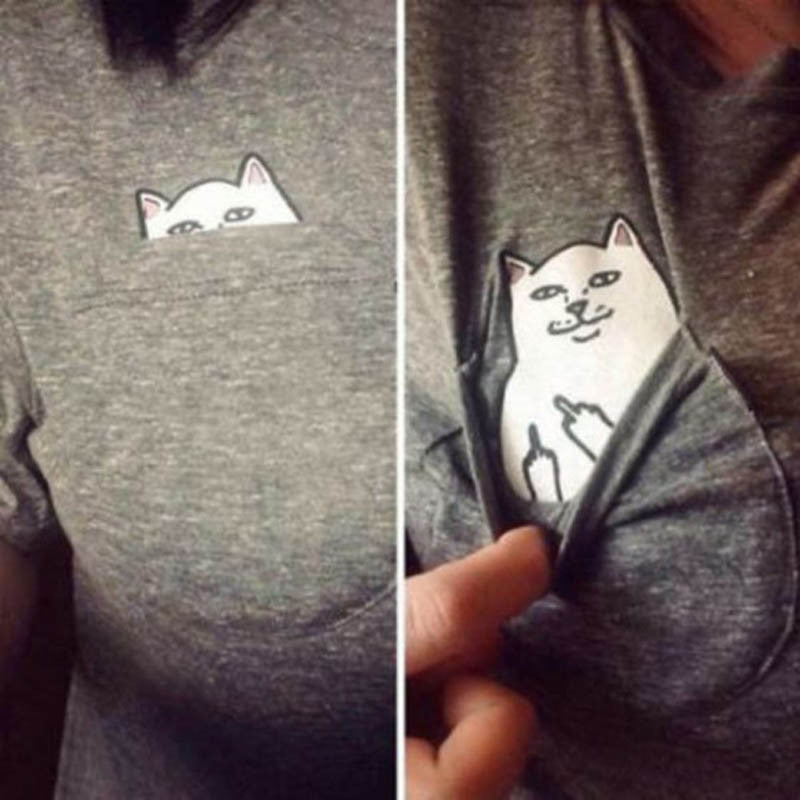 S-4XL Plus Size 2016 Women T Shirt Cat Print Pockets Short Sleeve Cotton T-shirts Women Poleras De Mujer Camisetas