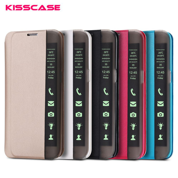 S7 S7 Edge Luxury PU Leather Case Kisscase Original Brand Smart Touch Window View Flip Stand Wake Cover for Galaxy S7 S7 Edge