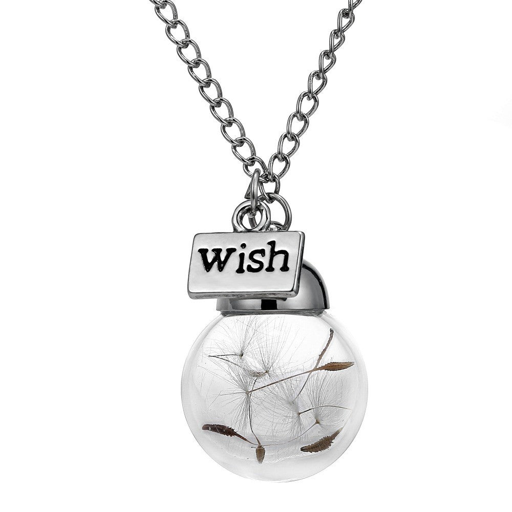 Glass bottle necklace Natural dandelion seed in glass long necklace Make A Wish Glass Bead Orb silver plated Necklace  jewelry