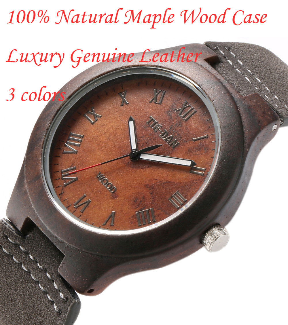 New Arrival Nature Maple Wooden Case Genuine Leather Quartz Wrist Watch Relojes Men Women Luxury Roman Numeral Wrist Watch